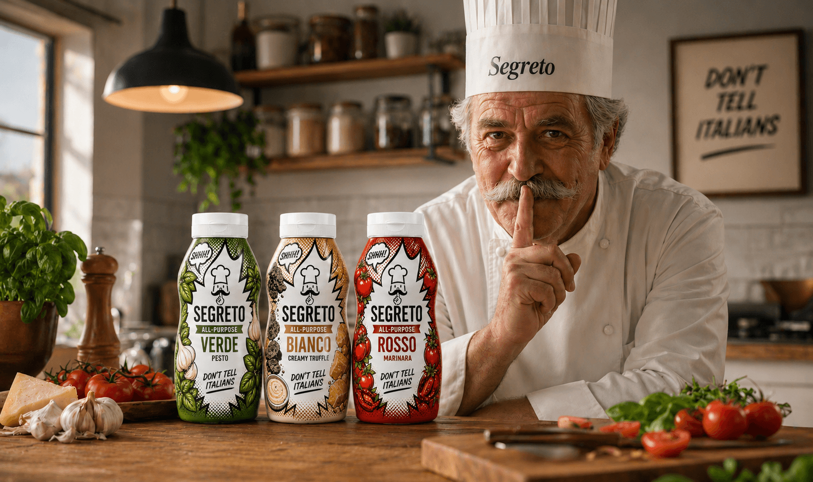 Italian chef shushing with three Segreto sauces