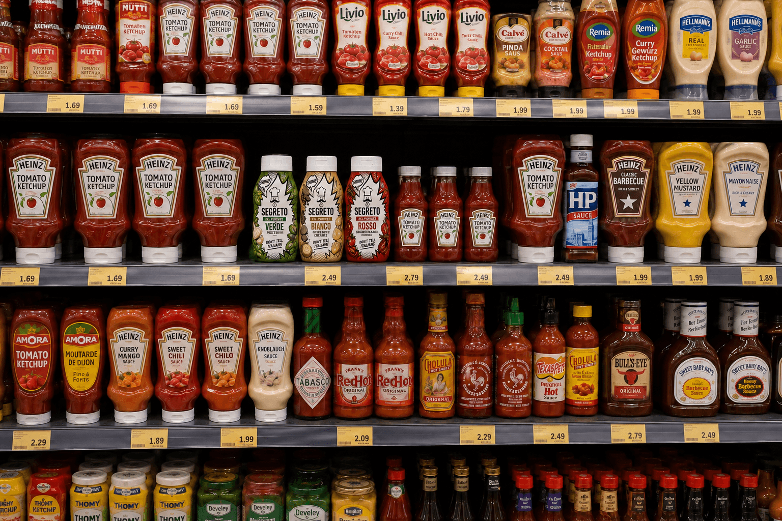 Segreto bottles on a condiment retail shelf